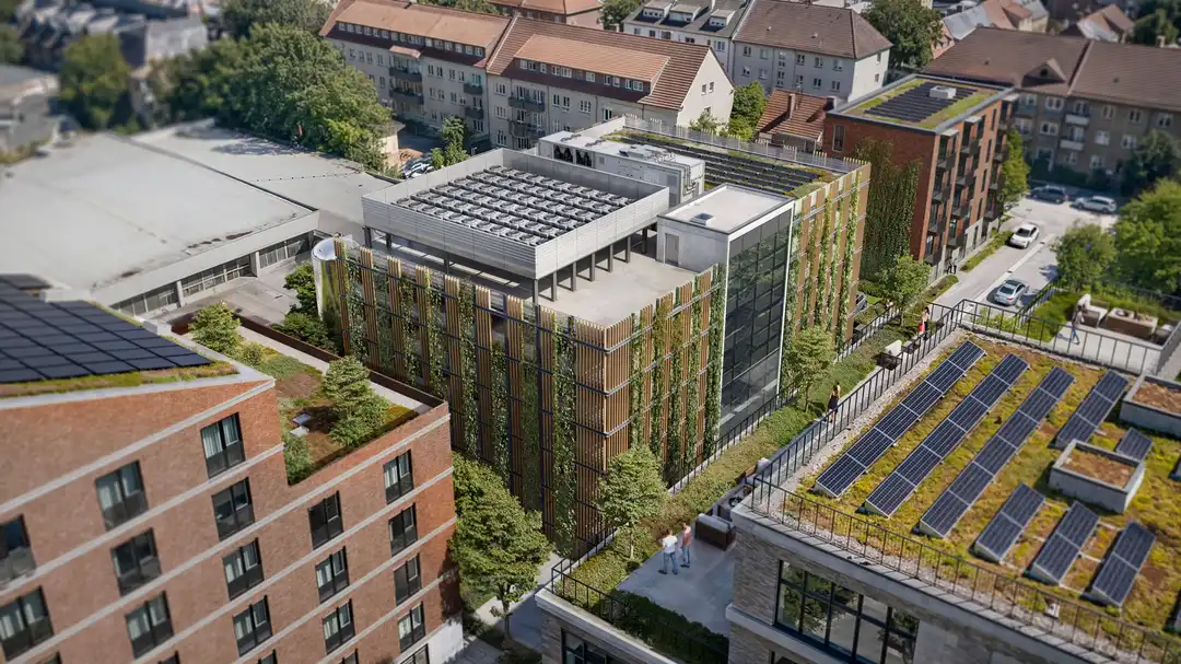 Visualisierung der Klimagarage im Bremer Kornquartier mit Photovoltaik- und Gründach